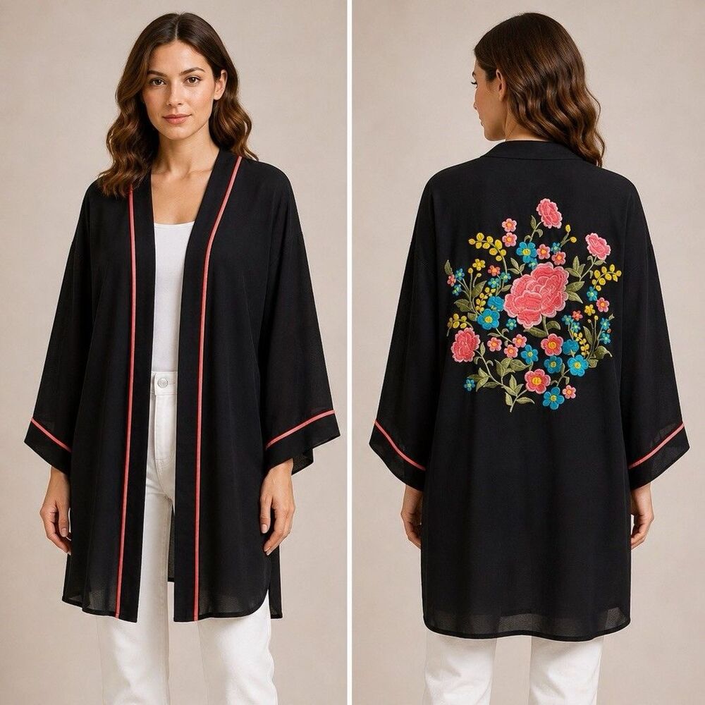 Forever 21 Casual Black Floral Embroidered Kimono Cardigan Coverup Size Small